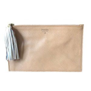New NWOT Fossil Leather Snap On Tassel Zipper Pouch Tan White